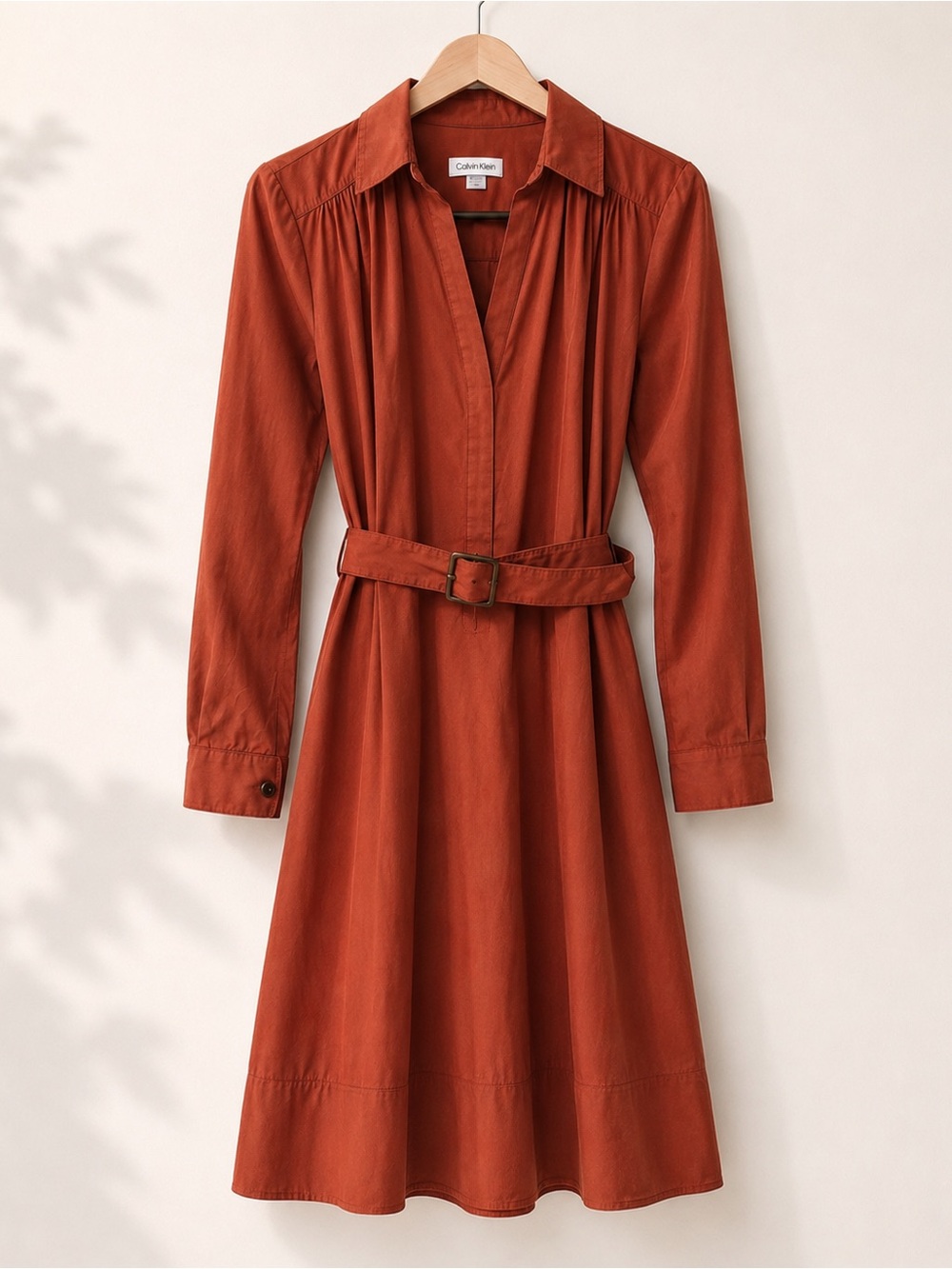 Calvin Klein Rust-Orange Long Sleeve Belted Shirt Dress